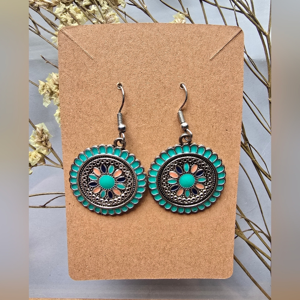 Turquoise Floral Mandala Earrings | Bohemian Western Dangle Earrings | Cowgirl